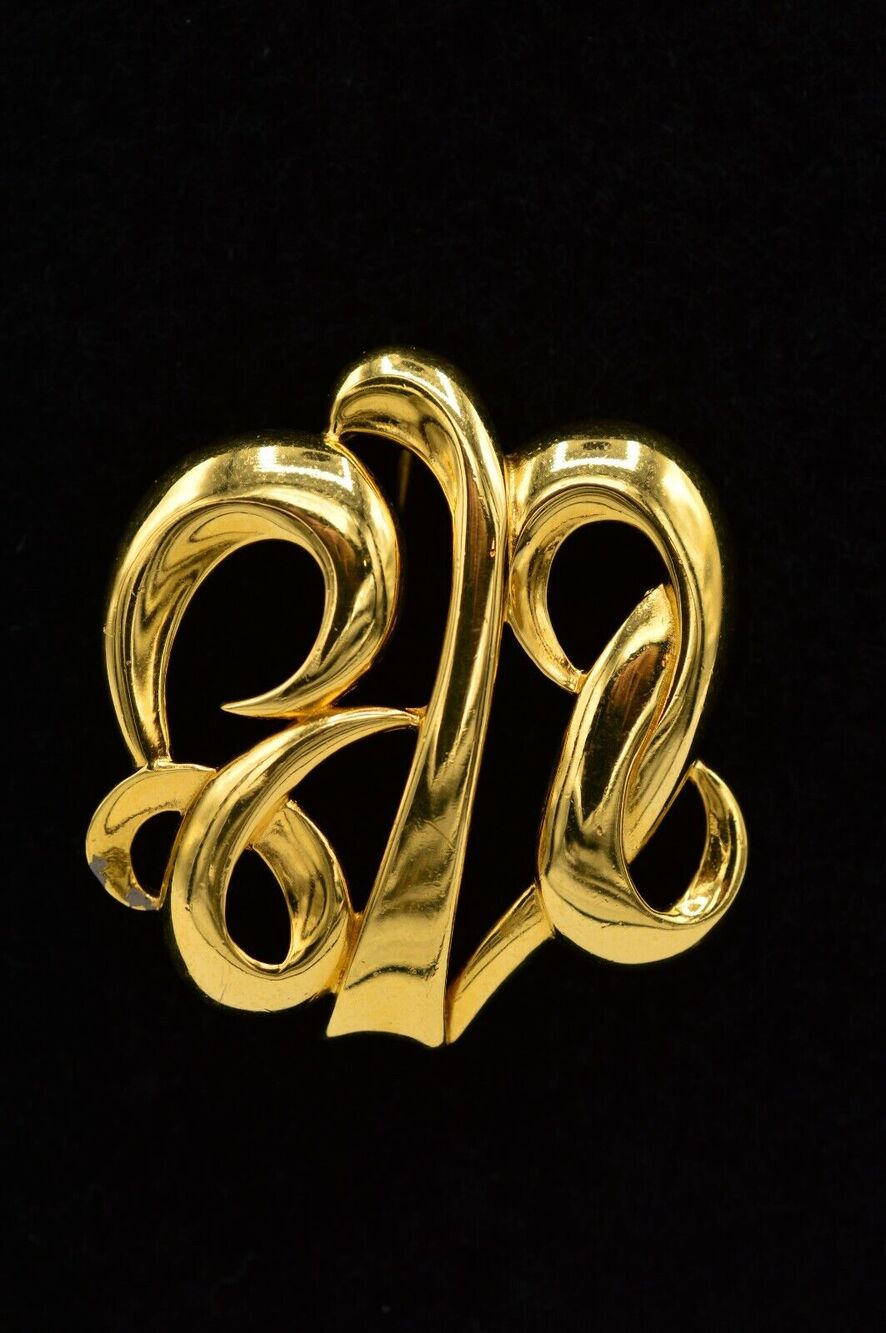 Monet Vintage Statement Pin Brooch Script Shiny Gold Abstract Signed 1980s BinAC